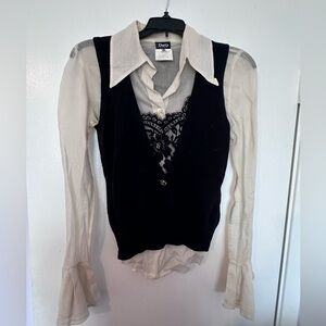 Dolce and Gabbana beige blouse bell sleeves black lace vest two different tops